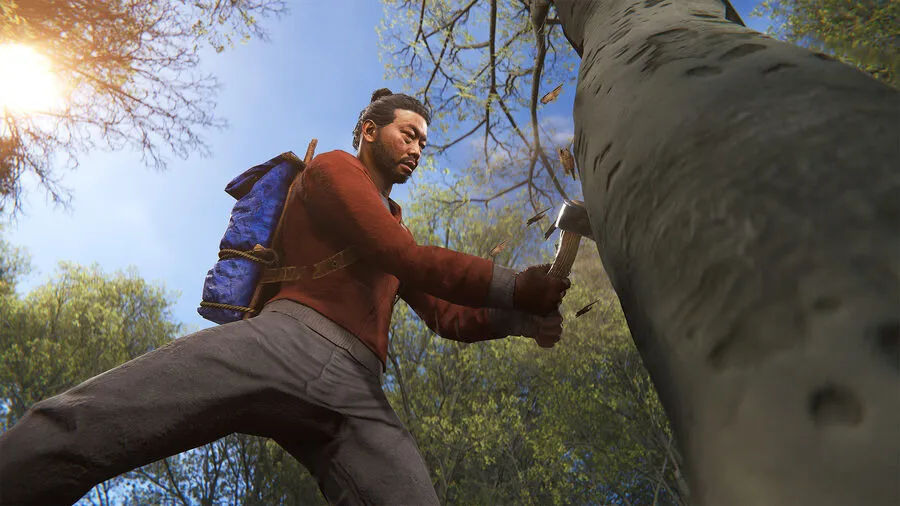 Игрок рубит дерево в Rust — фарм дерева топором