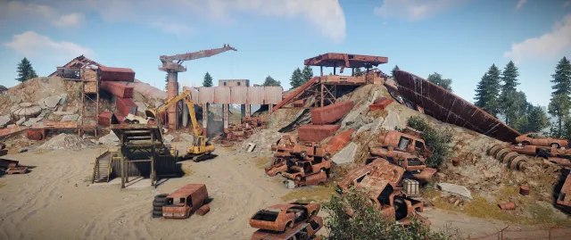Свалка (Junkyard) — монумент Rust с автозапчастями и компонентами